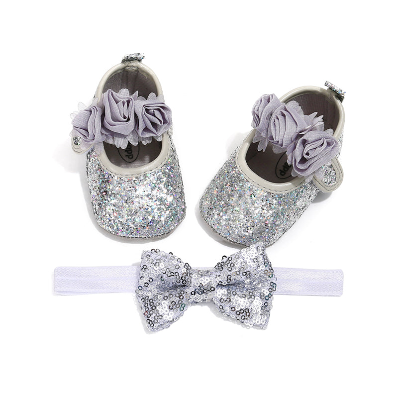 Toddler Baby Shoes | Glitter Floral Mary Jane Crib Shoes & Headband Set