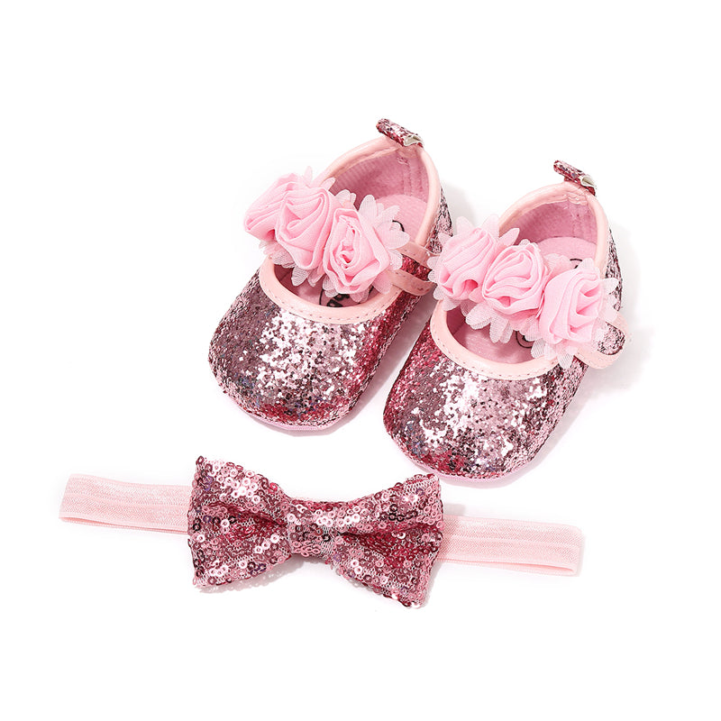 Toddler Baby Shoes | Glitter Floral Mary Jane Crib Shoes & Headband Set