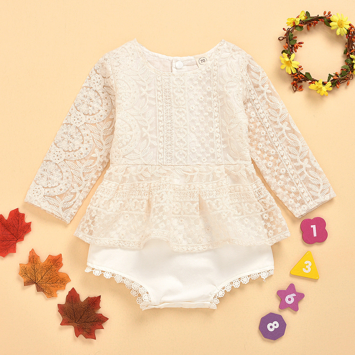 Lace Baby Romper | Beige Floral Jumpsuit for Baby Girls 0–2 Years
