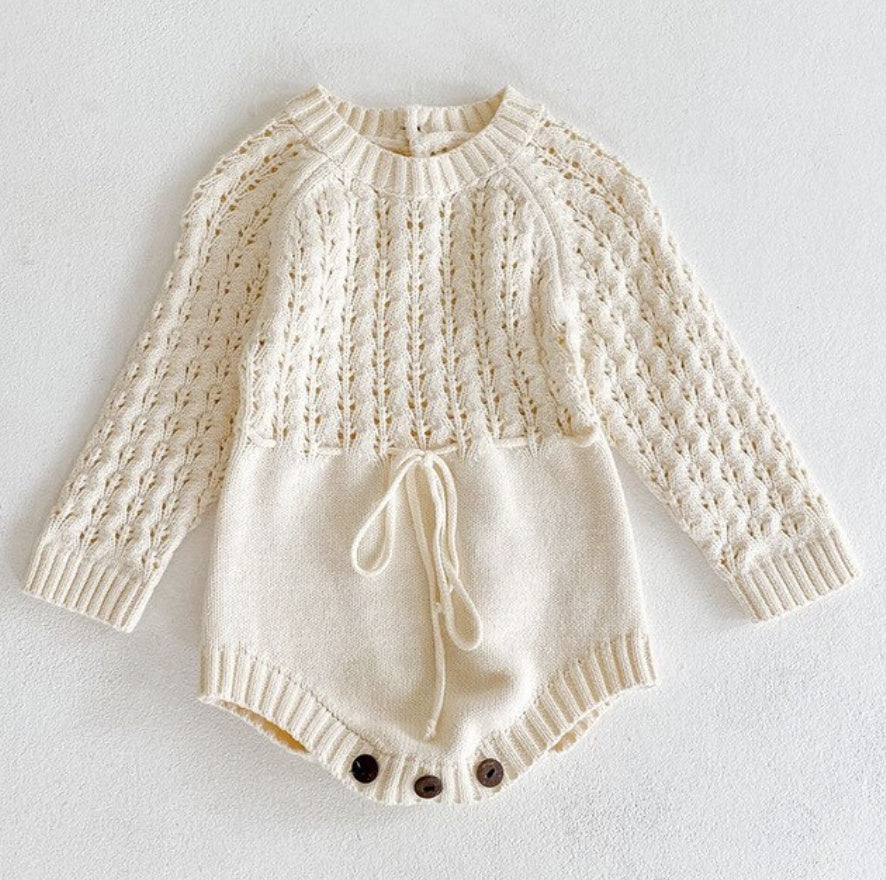 Baby Girl Knitted Romper | Elegant Cream Lace Jumpsuit for 0–2 Years