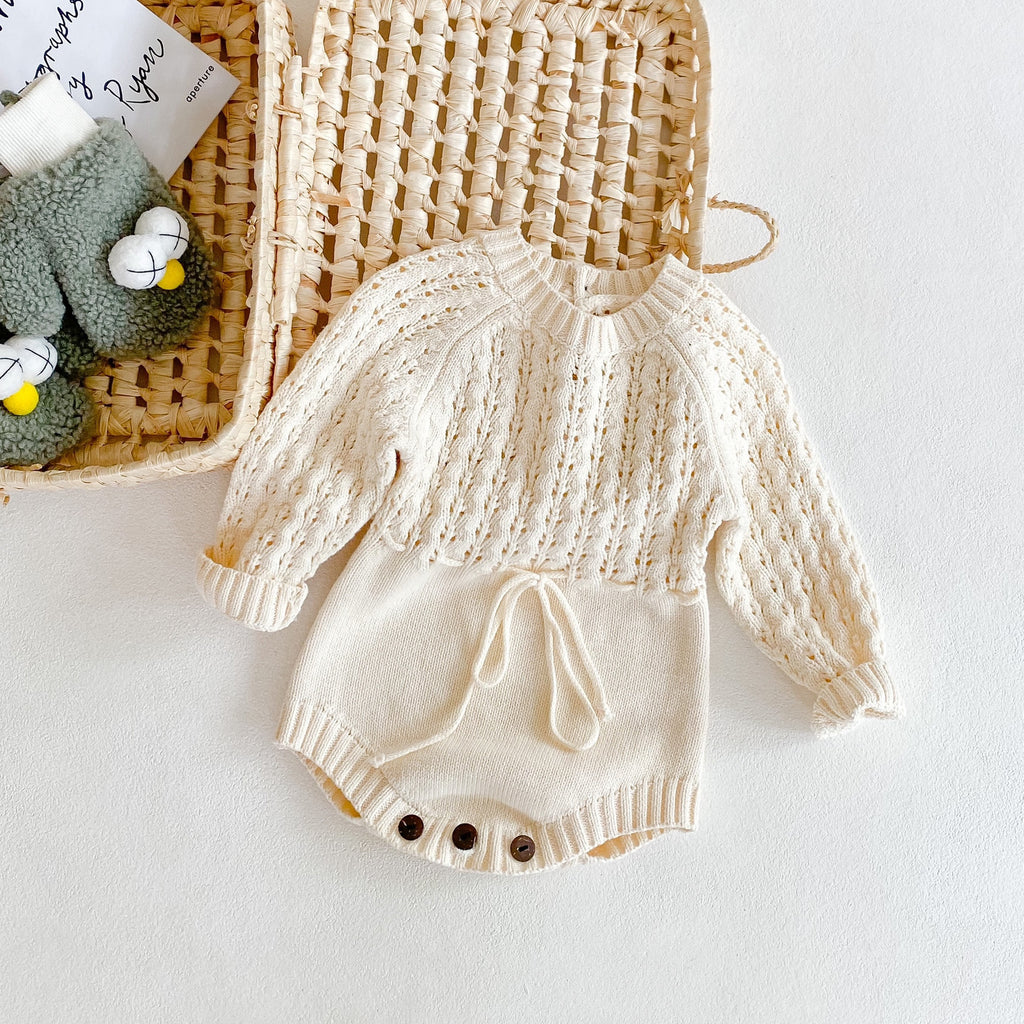 Baby Girl Knitted Romper | Elegant Cream Lace Jumpsuit for 0–2 Years