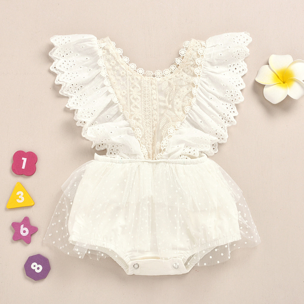 Lace Baby Romper | Beige Floral Jumpsuit for Baby Girls 0–2 Years