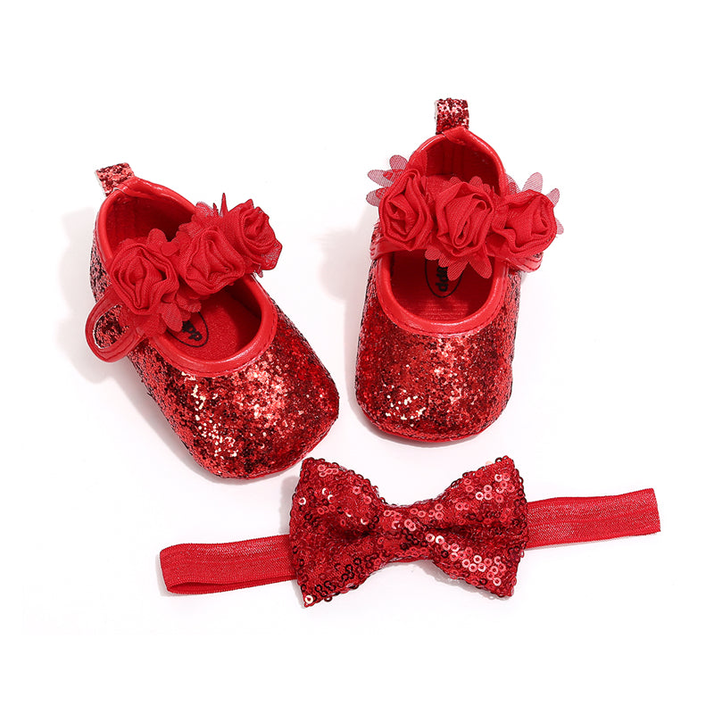 Toddler Baby Shoes | Glitter Floral Mary Jane Crib Shoes & Headband Set
