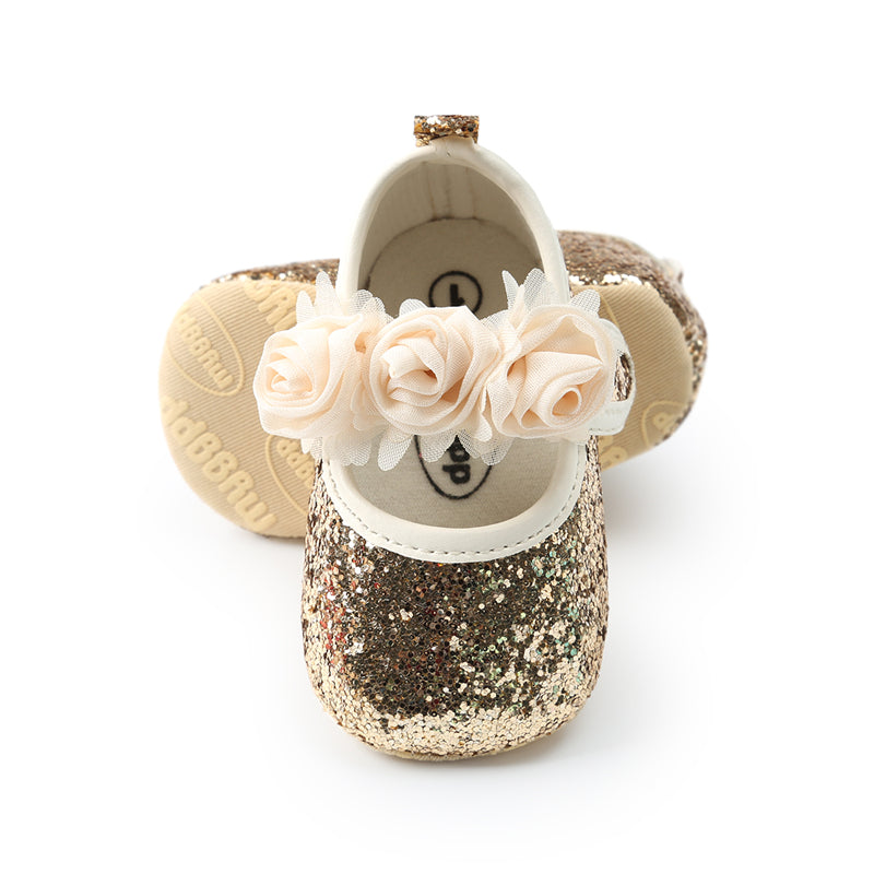 Toddler Baby Shoes | Glitter Floral Mary Jane Crib Shoes & Headband Set