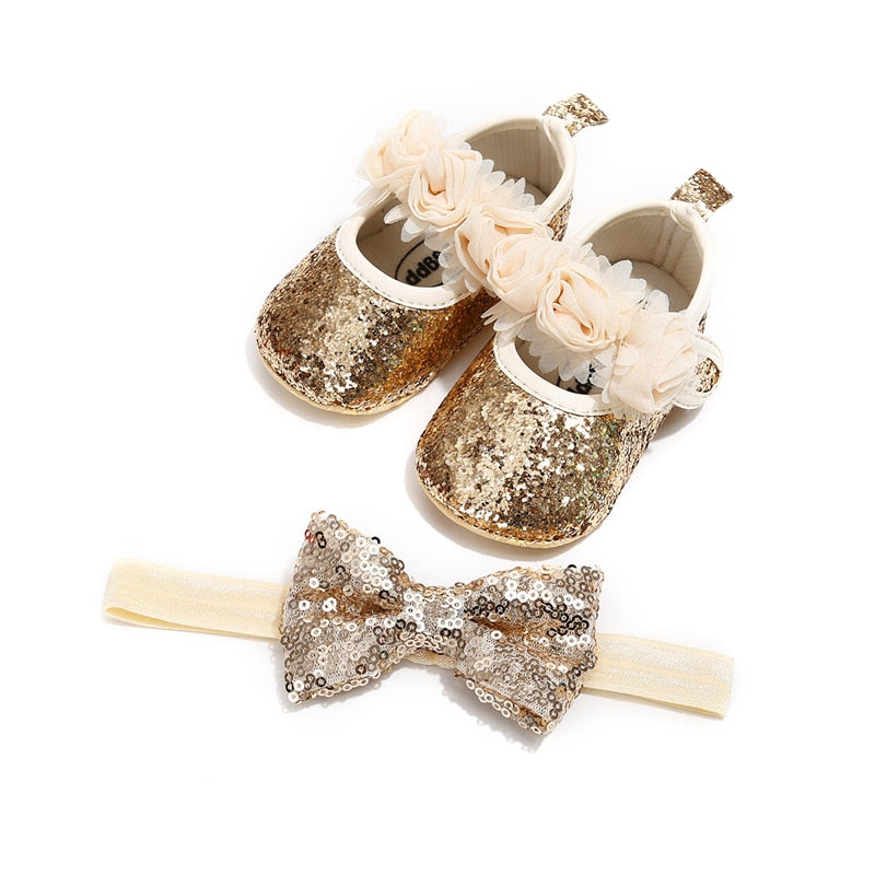 Toddler Baby Shoes | Glitter Floral Mary Jane Crib Shoes & Headband Set
