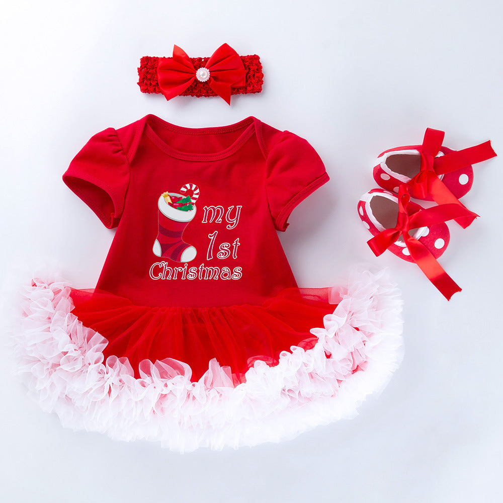 Baby Girl My 1st Christmas Romper Set | Tutu Dress with Headband & Shoes