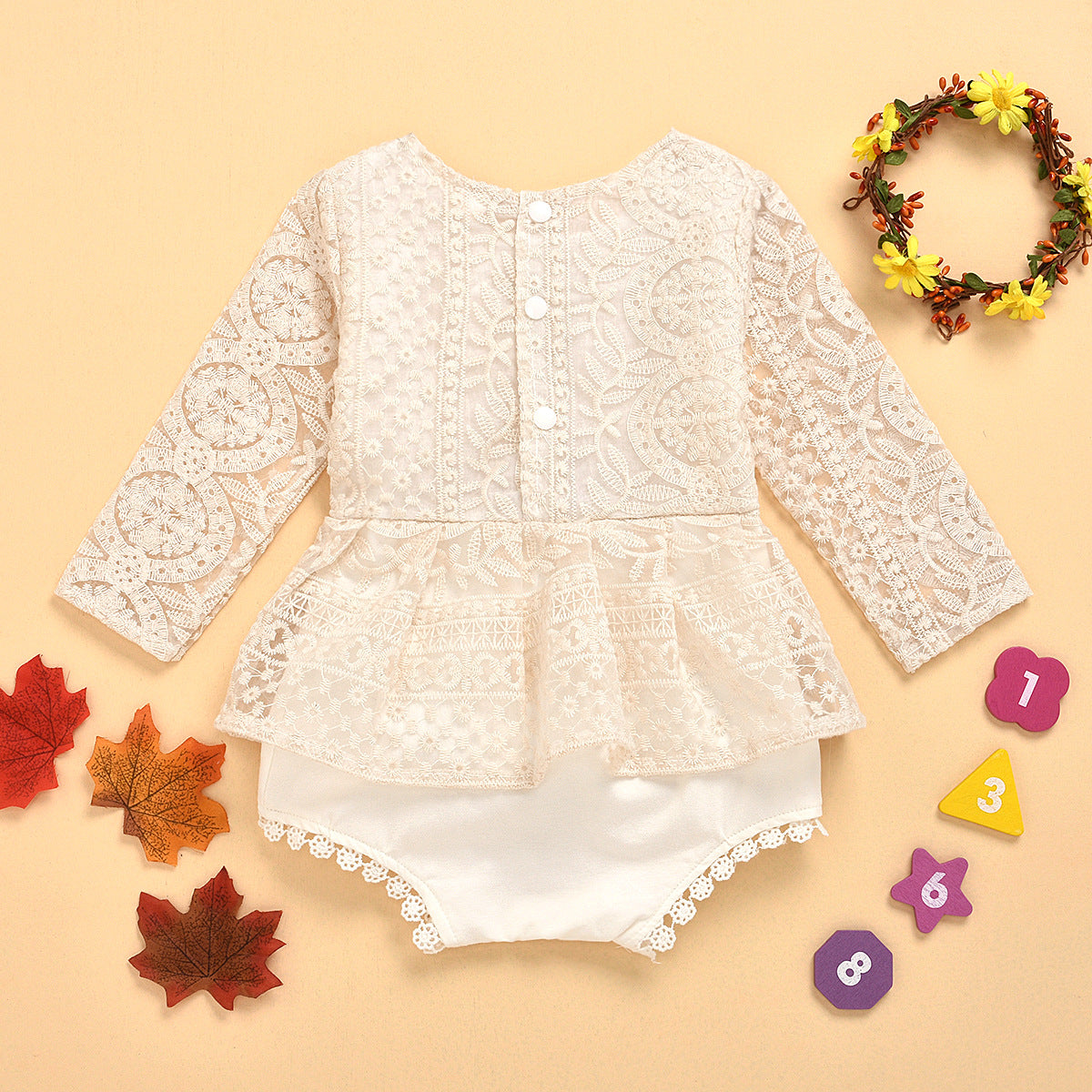 Lace Baby Romper | Beige Floral Jumpsuit for Baby Girls 0–2 Years