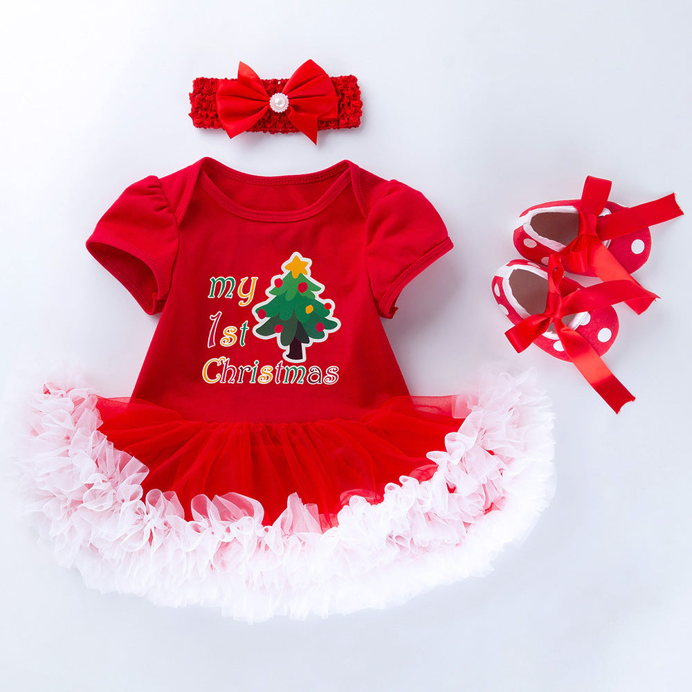 Baby Girl My 1st Christmas Romper Set | Tutu Dress with Headband & Shoes