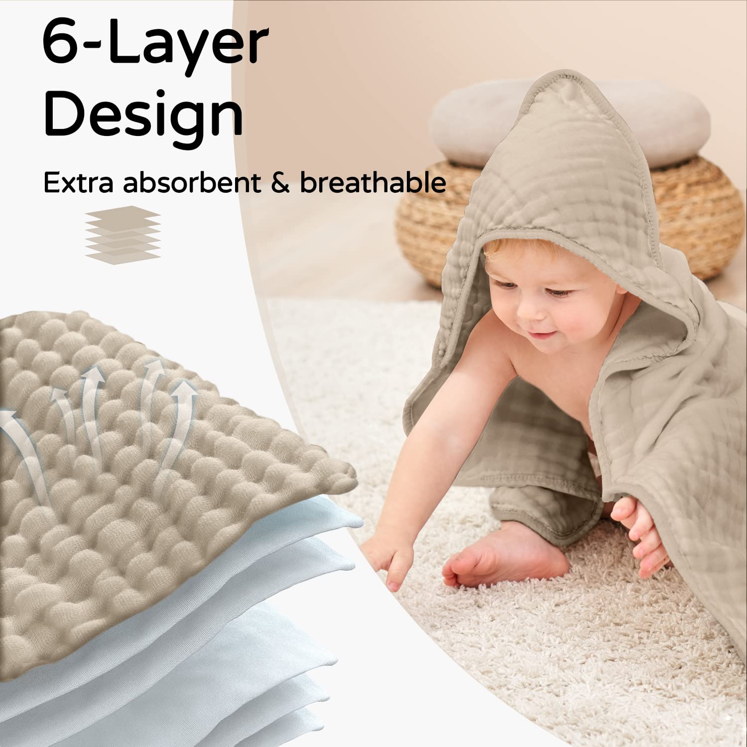 Hooded Baby Bath Towel | Soft Muslin Cotton 90x90cm for Newborns